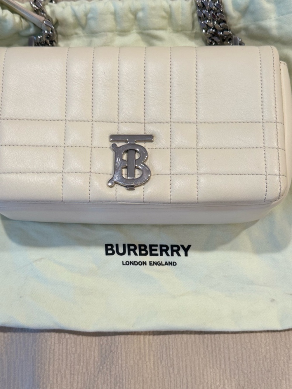 Burberry Quilted Leather Crossbody Bag in Cream with Silver TB